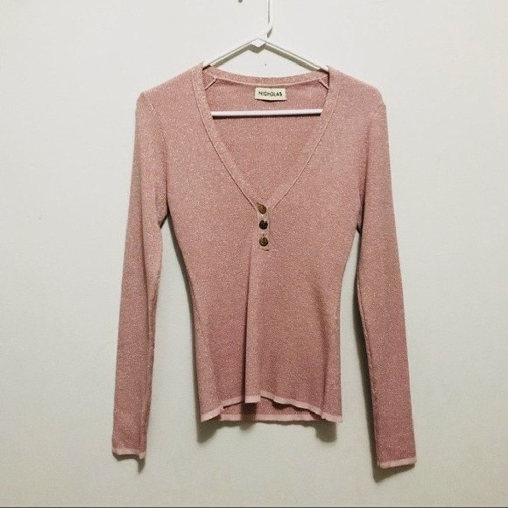 Nicholas Pink Long Sleeve Shimmer V Neck Shirt